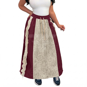 Channel 4 Colors New Arrival 2026 Elastic Waist <b>Patchwork</b> Side Striped Color Block Long Denim Maxi <b>Skirts</b> for Women - Product Image 1