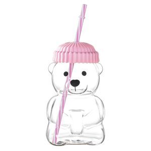 Bicchiere in Vetro Borosilicato Resistente al Calore con Cannuccia, 20 OZ, Design Orsetto Rosa, per Succhi, Latte e Bevande Fredde - Product Image 1