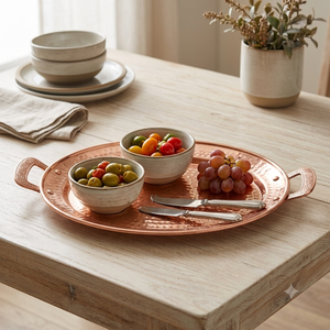 Plateau de service ovale en cuivre martelé fait main avec poignées en laiton, grande assiette de présentation alimentaire, vente en gros pour la maison, l'hôtel et le restaurant - Product Image 2