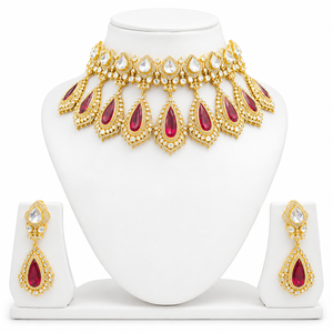 ชุดสร้อยคอทองคำขาว 925 ชุบทอง ประดับด้วย Kundan สีแดง ดีไซน์ Polki สำหรับผู้หญิง เหมาะสำหรับงานแต่งงาน งานเลี้ยง และเป็นของขวัญ - Product Image 4