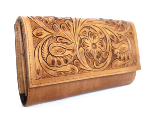Floral Embroidered Tan Brown Genuine Leather Clutch Fold Over <b>Wallet</b> <b>Women</b> Classic Style Daily Use Durable Handbag 1L Capacity - Product Image 1