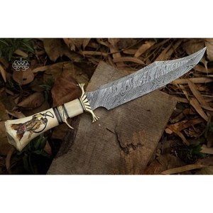 MORTALSAGA Couteau Bowie à lame fixe de survie en plein air, fait main sur mesure, 8 pouces, durable, en acier Damas et acier inoxydable, avec manche en os - Product Image 1