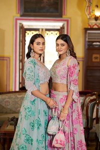 Georgette Classic Ball Gown Floor-Length Navratri Lehenga Choli Embroidered Floral Foil Print Gotta Patti Lace Slim Fit Natural - Product Image 5