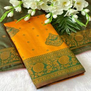 Sari en soie Banarasi indienne traditionnelle de luxe VASTRA COTTAGE avec bordure tissée jacquard et travail Butta, idéal pour les mariages et les occasions festives - Product Image 1
