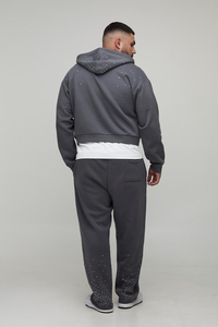Sudadera con capucha y cremallera completa para hombre, color gris carbón, con pedrería, corte ajustado, chaqueta de forro polar con diamantes brillantes y pantalones de chándal. - Product Image 2