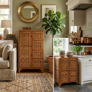 Nouvelle console de rangement en rotin tressé et bois, style moderne et minimaliste, avec tiroirs, pour l'intérieur - Vente en gros - Product Image 2