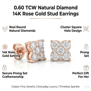 ต่างหูเพชรแท้ทรงกลม 0.60 กะรัต สำหรับผู้หญิง ทำจากทองคำขาว 14K |   ของขวัญเครื่องประดับทรงสี่เหลี่ยมคลาสสิก - Product Image 5