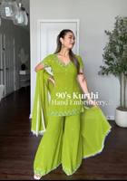 Ensemble Kurta Sharara brodé en Georgette de créateur avec sequins et bordure en dentelle, Dupatta, pour l'été, l'hiver, les fêtes, les mariages, tenue ethnique