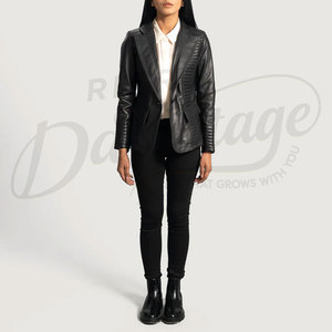 Women Black Real <b>Leather</b> <b>Blazer</b> <b>Jacket</b> Slim Fit Premium Sheepskin Quilted Paneling Casual Business Outerwear Fashionable Coat - Product Image 4