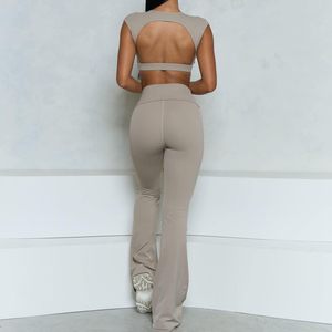 Women's 2 Piece Yoga Set Deep V Neck Crop Top High Waist <b>Flare</b> <b>Leggings</b> Cut-Out Design Seamless Breathable Solid Black - Product Image 4