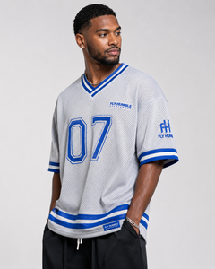 เสื้อฟุตบอลอเมริกันตาข่ายสีขาวสำหรับผู้ชาย Fly Humble คอวี แขนสั้น เบอร์ 07 ระบายอากาศได้ดี แห้งเร็ว ใส่สบายในฤดูร้อน ทรงปกติ - Product Image 1