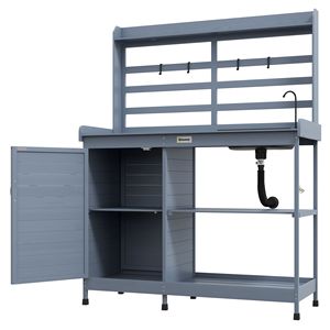 Comoda Stazione di Lavoro per Giardinaggio in Legno Grigio con Lavello e Rubinetto, Piano in Alluminio per Tavoli da Giardinaggio - Product Image 1