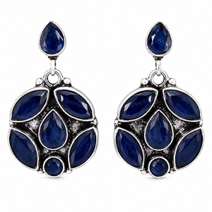 Antique <b>Silver</b> Plated Brass Statement Drop Earrings with Jade Bezel Setting Bohemian Flower Design for Women's Engagement - Product Image 2