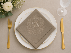 Embroidered <b>Linen</b> <b>Cloth</b> Napkin Square Dinner Napery Beige <b>Table</b> Decor Custom Monogram Wedding Dining - Product Image 1