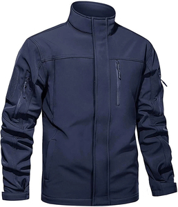 Men's <b>Navy</b> Fleece Jacket Stand Collar Zipper Closure Windproof Workwear Style Regular Fit Polyester Material Autumn Wear - Product Image 1