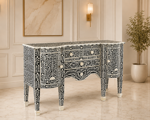 <b>Black</b> Bone Inlay <b>Sideboard</b> Console Table Solid Wood Living Room Cabinet Entryway Storage Furniture - Product Image 2