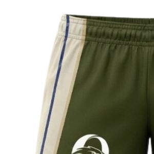 Shorts de netball unisexe vert olive et blanc sublimés, en polyester, coupe athlétique, vêtements de sport avec panneau latéral rayé, tenue de performance pour équipe - Product Image 3