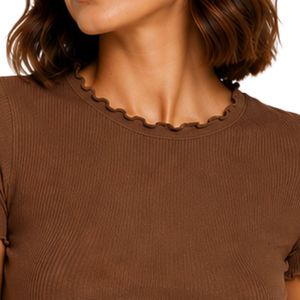 Top Corto Personalizado Marrón con Nervaduras para Mujer, Manga Corta, Cuello Redondo con Volantes, Algodón y Spandex, Ajuste Delgado, Camiseta Casual de Verano, OEM Personalizado - Product Image 5