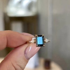 <b>Emerald</b> Cut Black Moissanite Three Stone Vintage Engagement <b>Ring</b> in 925 Sterling <b>Silver</b> with Pear Side Stones Rhodium Plated - Product Image 1