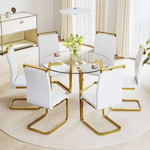 Modern Minimalist <b>Dining</b> <b>Table</b> with Circular Transparent Tempered Glass <b>Top</b> and Golden Metal Legs Suitable Kit - Product Image 5