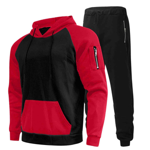 Men's Red Black Color Blocking Hooded Tracksuit Set Full Sleeve Casual Sweatshirt With <b>Zip</b> Pocket Joggers Autumn Wear - Product Image 1