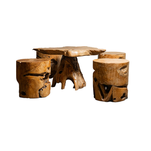 Juego de Mesa de Raíz de Teca Rústica Premium ARTERRA, Taburetes de Madera Natural Hechos a Mano, Muebles para Sala de Estar, Hoteles/Villas, Acabado Antiguo - Product Image 1