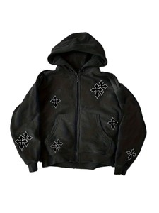 Sudadera con Capucha Negra con Estampado de Cruz Gótica para Hombre, Corte Regular, Tejido de Algodón y Felpa, Bolsillo Delantero, Manga Regular, Transpirable, 360g - Product Image 3