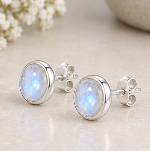 Rainbow Moonstone <b>Silver</b> <b>Stud</b> <b>Earrings</b>, Natural Rainbow Moonstone <b>Earrings</b>, 925 Sterling <b>Silver</b> Round <b>Studs</b>, Blue Flash Gemstone - Product Image 2