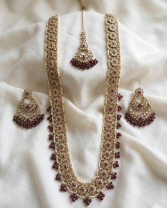 Luxurious Rani Haar Long Necklace <b>Set</b> Antique Gold Plated Imitation Pearl Borders Zircon Maroon <b>Beads</b> Ethnic Wedding Gift Party - Product Image 5
