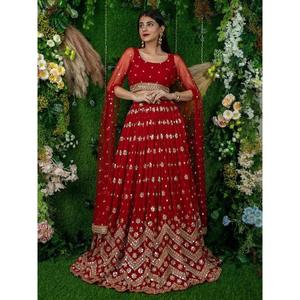 Glamorous <b>Red</b> <b>Sequins</b> Georgette Engagement Wear Lehenga Choli - Product Image 5