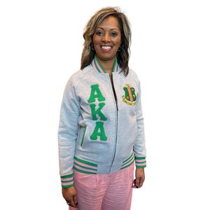 AKA Heather Grey Fleece Letterman <b>Jacket</b> Green <b>Pink</b> Stripe Unisex Varsity Style Embroidered Crest Patch Casual Outerwear - Product Image 1