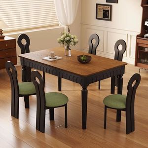 Modern Minimalist Solid Wood Rectangle Dining <b>Table</b> with Black Carved <b>Legs</b> and 4 Chairs for Family Dinner Hotel Apartment - Product Image 1