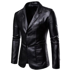 Men's PU Leather Blazer Slim Fit Double Breasted Solid Color Turn-down Collar Regular Sleeve <b>Smart</b> Casual Autumn <b>Jacket</b> - Product Image 1