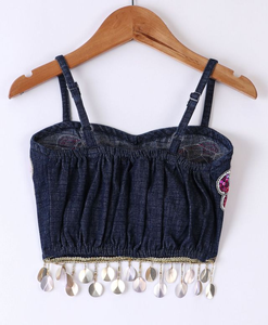 Haut sans manches en denim tissé Twisha avec broderie placée et lehenga imprimé - Bleu et rose - Product Image 3