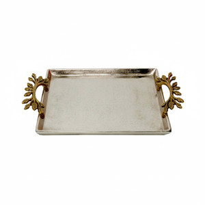 Hermosa bandeja de servir de metal y acero con asa dorada y acabado plateado para el hogar y restaurantes, bandeja para servir alimentos. - Product Image 5