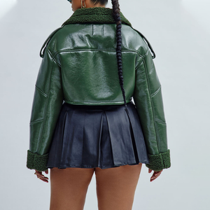Chaqueta Corta de Motociclista para Mujer, Personalizada, Transpirable, de Cuero PU Verde, con Cuello de Piel Sintética, Manga Larga, Cierre de Cremallera, Estilo Invernal - Product Image 2