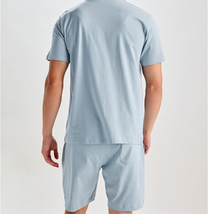 Men's <b>Light</b> Blue Short Sleeve T-Shirt Crew Neck Casual Summer Breathable 100% Cotton Solid Color Regular Fit Shorts Set - Product Image 3