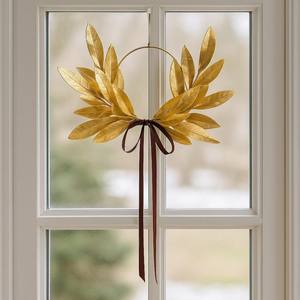 Couronne de luxe en métal doré avec branche d'olivier et ruban, élégante décoration murale en laurier en laiton pour la décoration de Noël européenne à la maison - Product Image 1