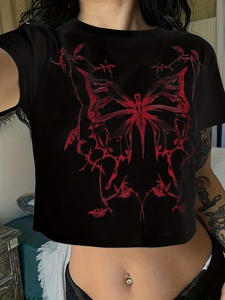 Gothic <b>Red</b> Butterfly Print Women's <b>Crop</b> <b>Top</b> Short Sleeve Slim Fit Crew Neck Black T-Shirt Spring Summer Jersey Cotton - Product Image 4
