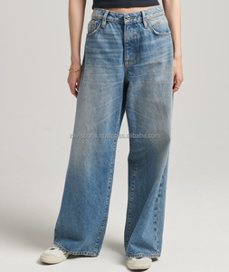 Pantalons en jean pour femmes sur mesure, taille mi-haute, devant plat, jambes larges peintes, coupe ample, pantalon en jean boyfriend respirant avec le meilleur OEM - Product Image 1