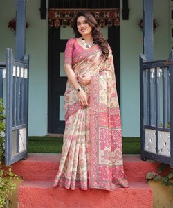 Traditional Indian Cotton Saree With Floral Print Pink Border <b>Floor</b> Length Casual Wear All Seasons Style TWT 1096 85202 - Product Image 1