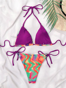 Ensemble de bikini asymétrique à imprimé écossais pour femme, bas string, maillot de bain en tricot Spandex/Polyester, col halter, écologique, avec nœud 2 - Product Image 3