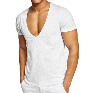 Venta al por mayor 100% algodón ropa de entrenamiento cuello en V profundo camiseta para hombres corte bajo camiseta masculina Casual Hip Hop Slim Fit manga corta - Product Image 5