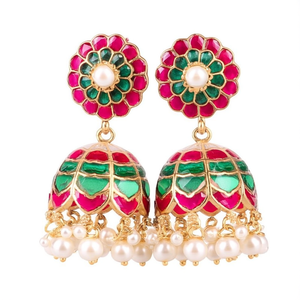 Jaipur Jadau Kundan Gold Plated Drop Stud Earrings with Pearl and Tassel - Product Image 2
