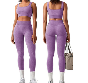 Ensemble de yoga 2 pièces pour femme, violet, sans couture, avec crop top, leggings taille haute pleine longueur et brassière de sport dos nageur, tenue d'entraînement - Product Image 1