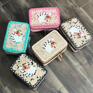 OEM ODM Designer Pattern Handcrafted Tooled Genuine Leather Jewelry Box Poker Card Travel Organizer Women Cosmetic Storage <b>Case</b> - Product Image 5