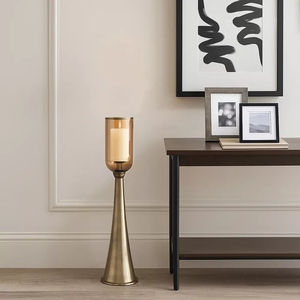 New design antique brass coated metal hurricane candle holder gold floor candle stand offer customizations decor <b>glass</b> candle - Product Image 5