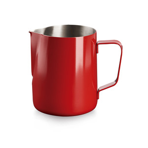 Lattiera per schiumare il latte in acciaio inossidabile rosso con manico ergonomico per baristi - Product Image 1