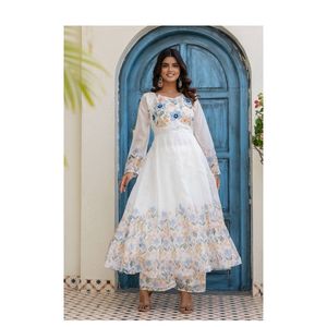 Premium tb organza gown set with digital print hand work fancy neck full sleeve flair plazo dupatta festive ethnic wear set - Product Image 1