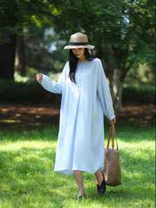 Robe longue décontractée pour femme, coupe classique, 100 % coton, manches longues, style minimaliste, été, écologique, tunique unie teinte - Product Image 6